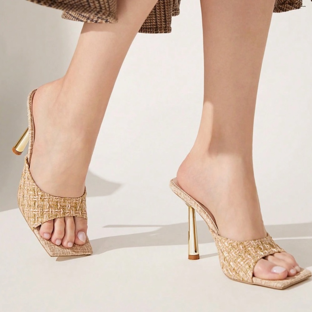 🆕 Square Toe Tweed / Linen Mule Sandals - Picture 4 of 9